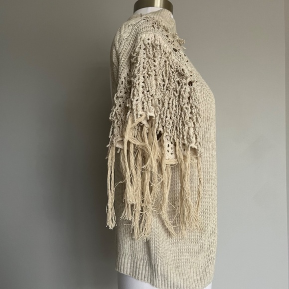 Anthropologie Aphrodite Fringe Embellished Embroidered Open Back Tee Top Sweater - Picture 3 of 11